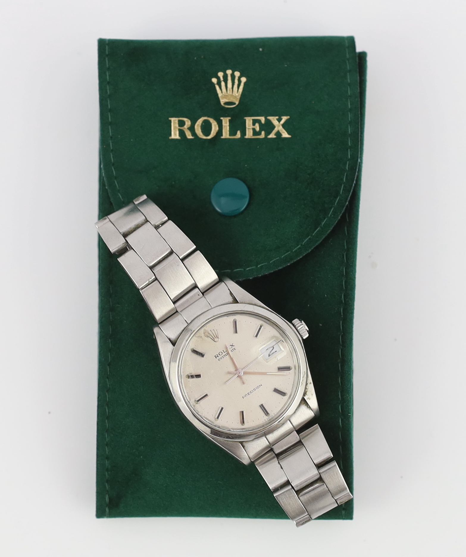 A gentleman's early 1970's stainless steel Rolex Oysterdate Precision manual wind wrist watch, on a stainless steel Rolex bracelet